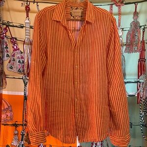 Denim & Flower Red and White Striped Casual 100% Linen Button-Down Shirt